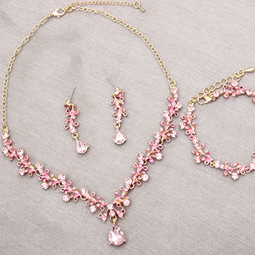 3Pcs Austrian Crystal Jewelry Set for Women, Necklace Dangle Earrings Link Bracelet Jewelry Set with Gold/Platinum/Gun Plated, Wedding Party Jewelry for Bridal Bridesmaid - color: Pink-Gold Plated