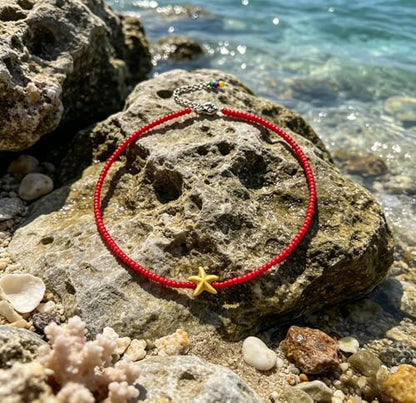 Seed Bead Choker Necklace for Women Bohemian Tiny Beads Choker Colorful Rice Bead Starfish Choker Summer Surfer Beach Necklace Jewelry Gift - color: Red