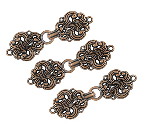 bezelry 6 Pairs Rococo Swirl Flower Cape or Cloak Clasp Fasteners. Sew On Hooks and Eyes Cardigan Clip. 65mm Fastened. - color: Antique Copper