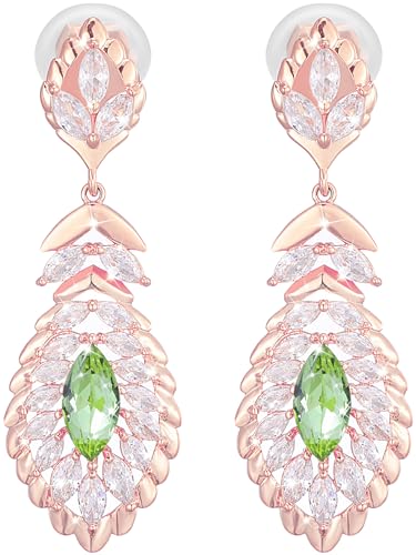Clip On Crystal Dangle Non Pierced Earrings for Women 14K Gold Plated Jewelry - color: Aug-Peridot-Rose Gold