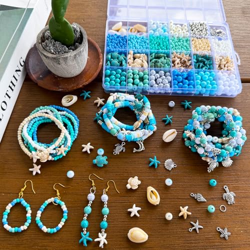 1960Pcs Ocean Beads for Bracelets Making Kit, Blue and White Summer Beach Bead for Jewelry Making, Sea Turtle Seashell Starfish Shape Beads 8mm Round Seed Bead for DIY Craft Bracelets Earring - color: Blue+white