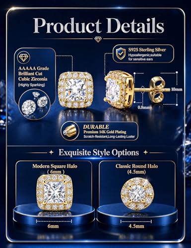 2 Pairs S925 Sterling Silver Stud Earrings for Women Halo Cubic Zirconia | 14K Gold Plated Hypoallergenic Non Tarnish Round Square Silver Stud Earring for Women Men Dainty Trendy Jewelry - style: Gold-Small Stone