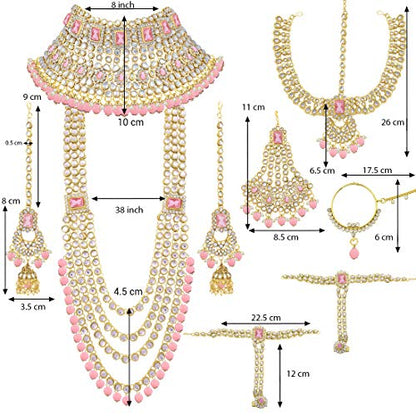 Aheli Traditional Wedding Indian Bharatanatyam jewellery set Long Choker Necklace Earrings Maang Tikka Nath Paasa Hath Phool for Women - color: Pink