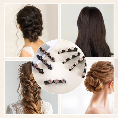 8 Pcs Braided Hair Clips for Women, Sparkling Crystal Stone Pearl Barrette | Rhinestone Duckbill Braid Clips for Women with 3 Small Flower Crystal Hair Accessories Girls Styling Sectioning - color: PURPLE, PINK AND WHITE