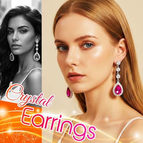 Catery Rhinestone Earrings Silver Crystal Teardrop Earrings Long Wedding Jewelry for Women - color: Hot-Pink