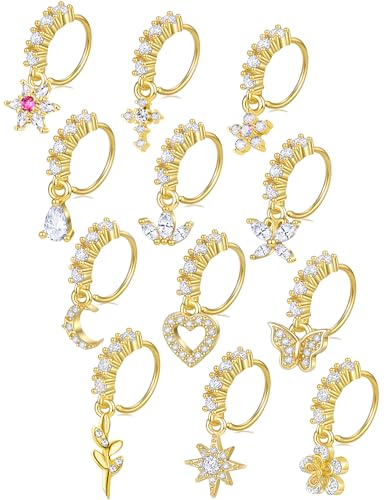 Akeoqi 12Pcs Nose Ring Hoop Cartilage Earring Cute Leaf Star CZ Butterfly Paved Nose Piercing Jewelry for Women men Silver Gold Plated 20G - color: C:Gold Drop