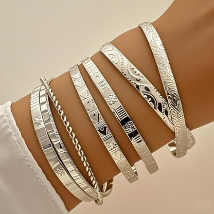 7Pcs Gold Bangle Bracelets for Women 14k Gold Plated Stackable Cuff Bracelet Set Simple Trendy Opening Cuff Bangle Bracelets Bracelet Minimalist Layering Jewelry Gift Set - color: Silver