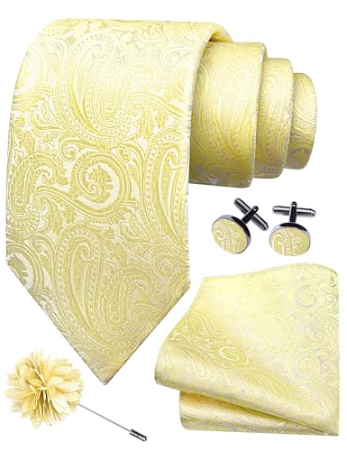 GUSLESON 3.15"（8cm） Mens Tie and Lapel Pin Paisley Necktie Hankerchief Cufflinks Set for Men - color: Light Yellow