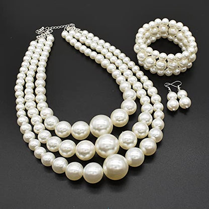 Big Chunky Pearl Necklace and Earrings Set Large Costume 1920s Faux Pearls Gatsby Accessories - color: A-White
