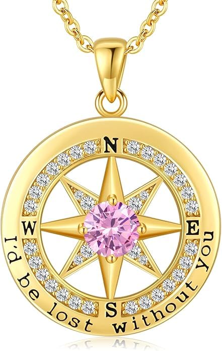 Compass Necklace for Women Wife Girlfriend Mom Daughter Gifts | S925 Silver Jewelry For Anniversary 18K Rose Gold Gifts For Birthday Christmas Mothers Valentines Day 12 Birthstones - style: 10-October-Gold