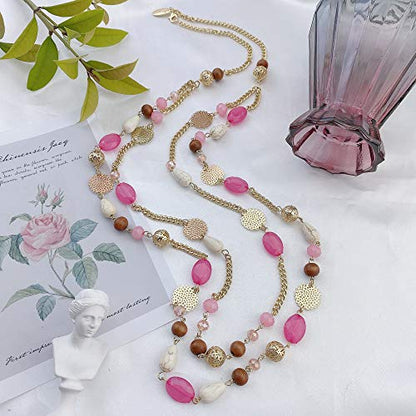 Bocar Long Necklaces for Women Trendy, Boho Layered Crystal Beaded Collar Necklaces for Women, Fashion Statement Necklaces Jewelry - color: Rose