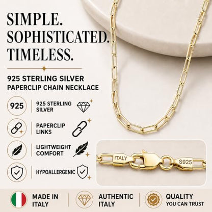 18k Gold Plated 925 Sterling Silver Chain Necklace for Women,3.0mm Thin Sturdy Paperclip Chain, Layering Necklace Tarnish Resistant Dainty Jewelry Gift 18/20/22/24/26 Inch - color: Gold, size: 26 Inch