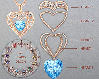 5 Heart I Love You Necklace for Women, Birthstone Crystal Pendant, Birthday Gift for Her, Wife, Mom, Rose Gold or Gunmetal Plated, 925 Sterling Silver Chain 18"+2" - color: 03-March-Aquamarine Aqua Blue-Rose Gold Plated
