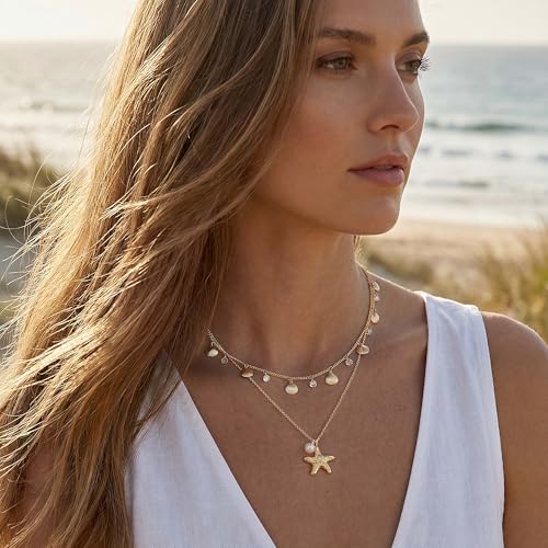 MTMY Gold Choker Necklace for Women, 14K Gold Plated Dainty Cubic Zirconia Cross Heart Shell Teardrop Charm Station Necklaces Trendy Summer Jewelry Gift - style: Shell