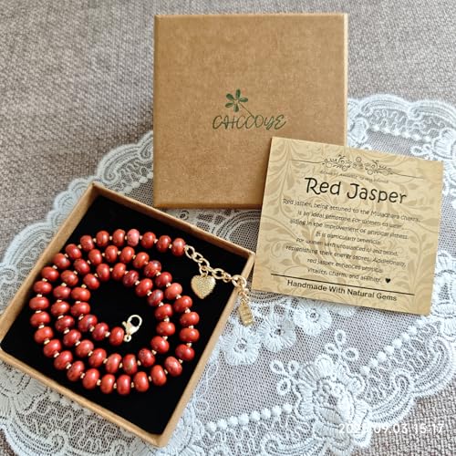 Boho Gemstone Beaded Necklace for Women – Colorful Natural Stone Choker 18K Solid Heart-Shaped Pendant, Summer Beach Jewelry - color: Red Jasper