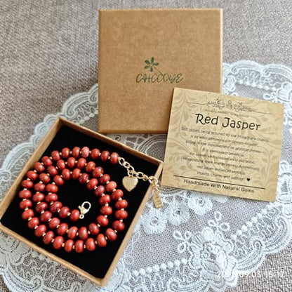 Boho Gemstone Beaded Necklace for Women – Colorful Natural Stone Choker 18K Solid Heart-Shaped Pendant, Summer Beach Jewelry - color: Red Jasper