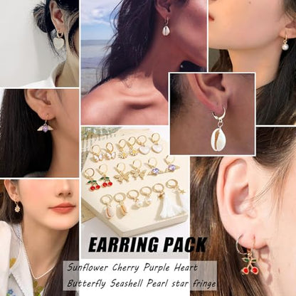17IF 53 PCS(8 PACK) Silver Plated Jewelry Set for Women，4 Styles | with 6 Necklace 11 Ankle Bracelet 30 Kunckle Ring 6 Pair Earring Hoop Vintage Boho Pearl Birthday Travel Holiday - style: Classic