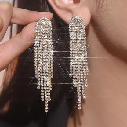 Rhinestone Tassel Earrings Sparkly Long Fringe Crystal Chandelier Dangle Drop Earrings Wedding Party Prom Earrings Premium Iridescent Earrings Wedding Party Jewelry Gifts for Women - color: Gold