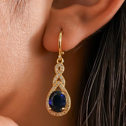 18K Gold Plated Flower Dangle Earrings for Women, Hypoallergenic Cubic Zirconia Earrings, Elegant CZ Drop Earrings, Statement Jewelry Gifts Party Fashion - style: OBS0470-Navy