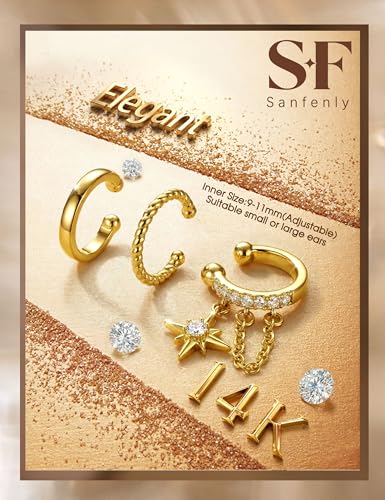 Sanfenly Ear Cuffs Earrings for Women Non Piercing | 14K Gold Plated Ear Cuffs for Non Pierced Ears, Hypoallergenic Clip on Earrings Cartilage Earring, Fake Ear Piercings - color: 14K Gold Plated-Chic