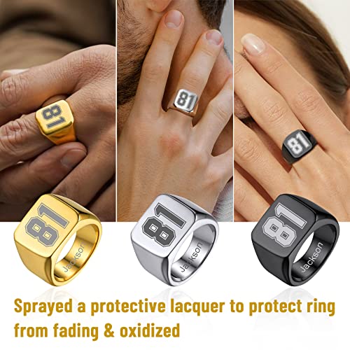 GoldChic Jewelry Personalized Signet Rings Men Women, Stainless Steel Custom Photo Bold Square/Oval Monogram/Old English Initial Pinky Stacking Statement Ring in Black/Silver/Gold (Size 7-14) - color: Gold-Number -Square