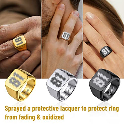 GoldChic Jewelry Personalized Signet Rings Men Women, Stainless Steel Custom Photo Bold Square/Oval Monogram/Old English Initial Pinky Stacking Statement Ring in Black/Silver/Gold (Size 7-14) - color: Gold-Number -Square