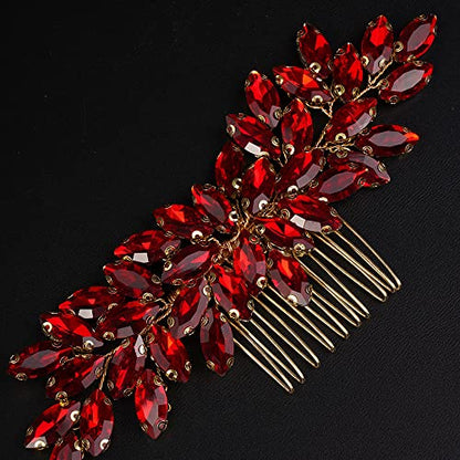 Teyglen Dainty Simple Full Red Rhinestones Bride Wedding Hair Comb Luxurious Hair Accessories Shiny Rhinestones Bridal Side Hair Combs for Women Bride Girls (Red) - color: Red