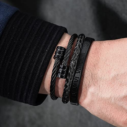 WFYOU 3PCS Stainless Steel Imperial Crown Bracelets for Men Gold Roman Numeral Bangle Bracelet Adjustable Cuff Bracelet Mens Luxury Jewelry Gifts - style: 08:Black-Round