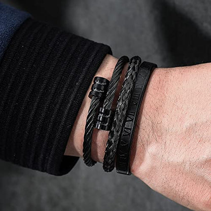 WFYOU 3PCS Stainless Steel Imperial Crown Bracelets for Men Gold Roman Numeral Bangle Bracelet Adjustable Cuff Bracelet Mens Luxury Jewelry Gifts - style: 08:Black-Round