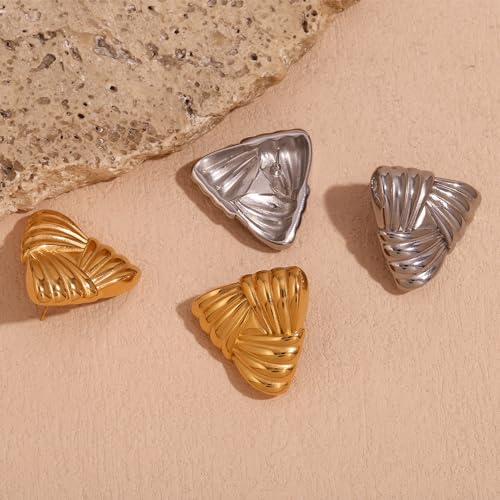 Geometric Ribbon Stud Earrings for Women, 14K Gold Plated Stainless Steel Hypoallergenic Chunky Statement Geometric Dangle Drop Earrings, Striped Stud Earrings - color: Silver