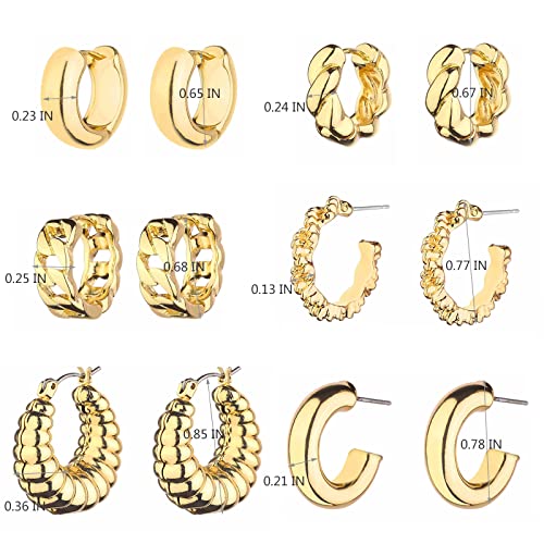 Wgoud 6 Pairs Chunky Gold Hoop Earrings for Women, 14K Gold Plated Hoop Earrings Hypoallergenic, Thick Lightweight Twisted Huggie Hoops Earring Set for Women’s Jewelry GIfts - color: 6 Gold Chunky Hoops