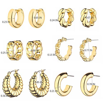 Wgoud 6 Pairs Chunky Gold Hoop Earrings for Women, 14K Gold Plated Hoop Earrings Hypoallergenic, Thick Lightweight Twisted Huggie Hoops Earring Set for Women’s Jewelry GIfts - color: 6 Gold Chunky Hoops
