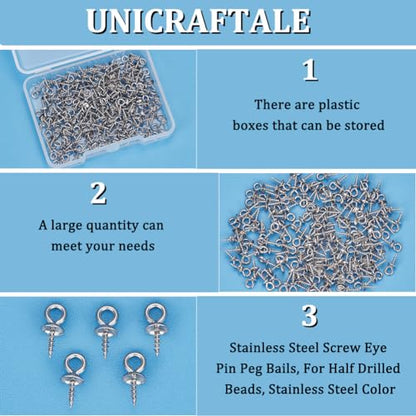 UNICRAFTALE 150pcs 10x4mm Stainless Steel Screw Eye Pin Peg Bails Small Screw Eye Pins Clasps Hooks 1.5mm Pin Eye Screws Connectors for Half Drilled Beads Jewelry Earring Making, Hole 2mm - color: Stainless Steel Color