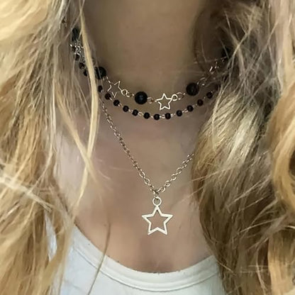 Gothic Necklaces for Women Cross Heart Pendant Layered Necklace Statement Jewelry Dark Romantic Gift for Halloween Parties - color: C5:star necklace