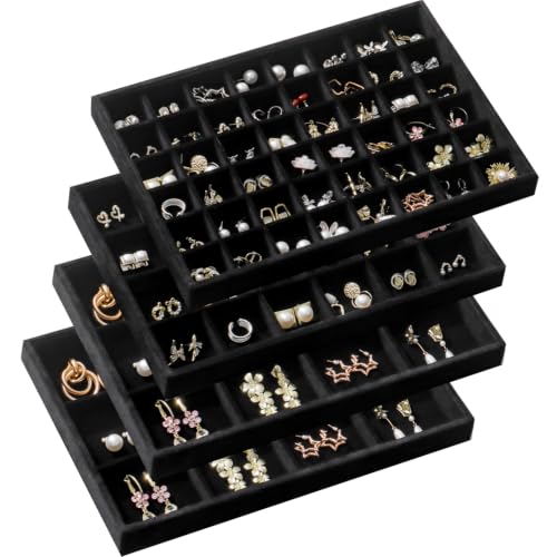 Large Jewelry Drawer Organizer Trays Set of 4, Stackable Velvet Jewelry Trays Organizer Holder Display Storage Showcase for Earring Necklace Bracelet Ring Accessary (Black, 12+12+24+48 Grids) - color: Black, size: 12+12+24+48 Grids