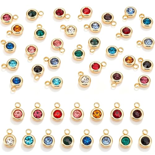 UNICRAFTALE 18K Gold Plated Flat Round Real Birthstone Charms Rhinestone Pendants Crystal Glass Charms Metal Dangle Pendants for DIY Bracelets Necklaces Jewelry Making - color: Multicolor