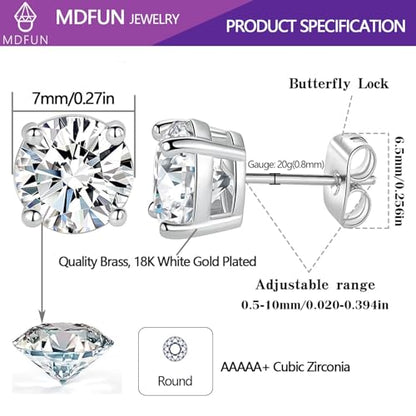 18K White/Yellow Gold Plated Stud Earrings for Men Women 4 Prong Graduated Round Clear Cubic Zirconia Hypoallergenic Earrings Set 3-8MM - color: White Gold Plated, size: 7MM