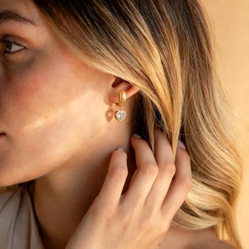 Gold Chunky Dangle Earrings for Women, Bezel Set Cubic Zirconia Charm | 14K Gold Silver Plated, Statement Huggie Hoops Drop Earrings, Trendy Jewelry Gifts, High Grade CZ, Hypoallergenic Lightweight - color: GD-Heart CZ Hoop