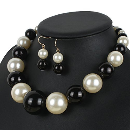 Large Style Big Imitate Pearl Strand Choker Necklace With Earrings Set - color: Multi