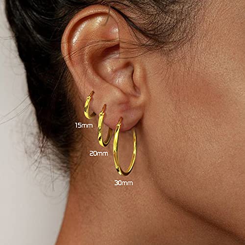18K Gold Plated Hoop Earrings - 925 Sterling Silver Hoop Earrings Womens Hypoallergenic Hoops | Square Tube Hoop Earrings for Women 15mm/20mm/30mm/40mm - color: Gold 15-20-30mm