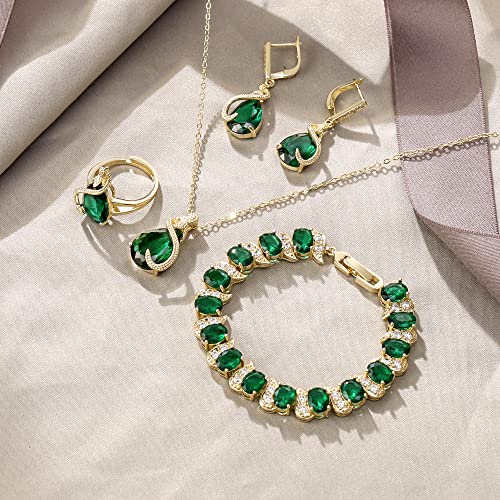 EVER FAITH Wedding Jewelry Set for Bride Bridesmaid, Glamour Teardrop Cubic Zirconia Pendant Necklace Earrings Tennis Bracelet Open Ring Sets for Birthday/Valentine's Day/Mother's Day/Christmas - color: A_Green Gold-Plated-Brass