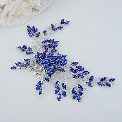 Hair Comb, Women Handmade Blue Rhinestone Crystal Flower Wedding Bridal Headpiece for Weddings, Parties, Mother's Day Gift (BLUE, 28cm*8cm) - color: BLUE