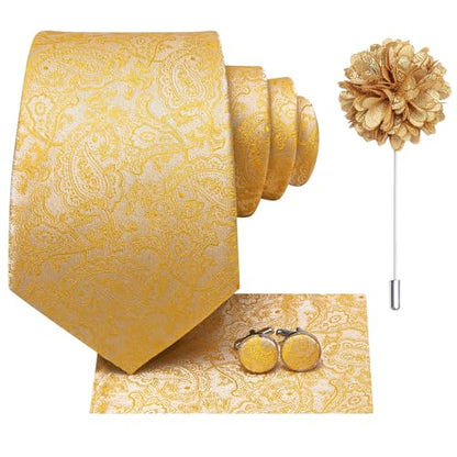 Hi-Tie Men's Silk Ties Formal Woven Classic Necktie Pocket Square Cufflinks Lapel Pin Set Wedding Business - color: A Yellow