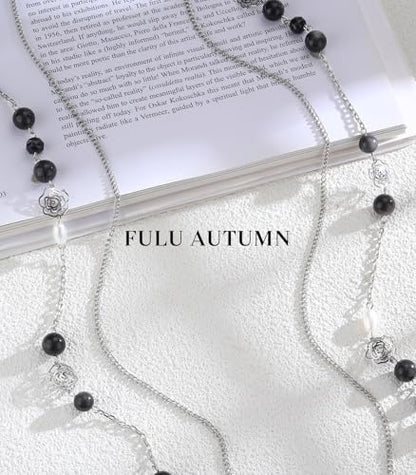 FULU AUTUMN Long Layered Silver Necklaces for Women - Natural Stone and Dainty Flower Beaded Sweater Chain Fashion Jewelry Gifts - color: Black