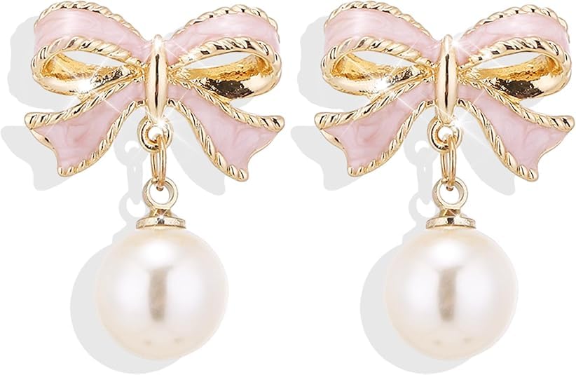 Gold Bow Earrings for Women, Long Tassel Chain Drop Earrings, Trendy Small Bow Earrings, Ribbon Waterfall Dangling Earrings, Pearl Bow Earrings, Sparkly Elegant Bowknot Preppy Jewelry Gifts for Women - color: Pink Bow-K