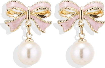 Gold Bow Earrings for Women, Long Tassel Chain Drop Earrings, Trendy Small Bow Earrings, Ribbon Waterfall Dangling Earrings, Pearl Bow Earrings, Sparkly Elegant Bowknot Preppy Jewelry Gifts for Women - color: Pink Bow-K