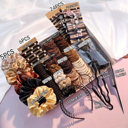 Hair Accessories Set for Women, Ponytail Holders, Hair Scrunchies, Hairbands, Scrunchy Hair Ties, Hair Styling Tool Set (1163PCS(brown) - color: 1163PCS(brown)