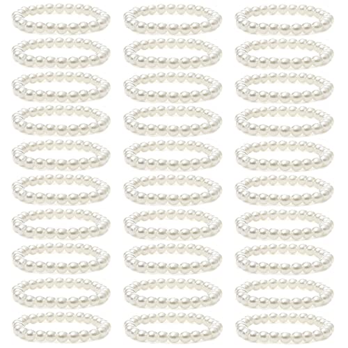 MOZAKA 30 Pieces 6mm/8mm Faux White Pearl Bracelets for Women Stackable Stretch Beaded Bracelets Simulated Pearl Bracelet Set for Bridesmaid Bridal Wedding Party Jewelry - style: B:8mm