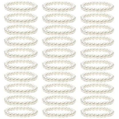 MOZAKA 30 Pieces 6mm/8mm Faux White Pearl Bracelets for Women Stackable Stretch Beaded Bracelets Simulated Pearl Bracelet Set for Bridesmaid Bridal Wedding Party Jewelry - style: B:8mm