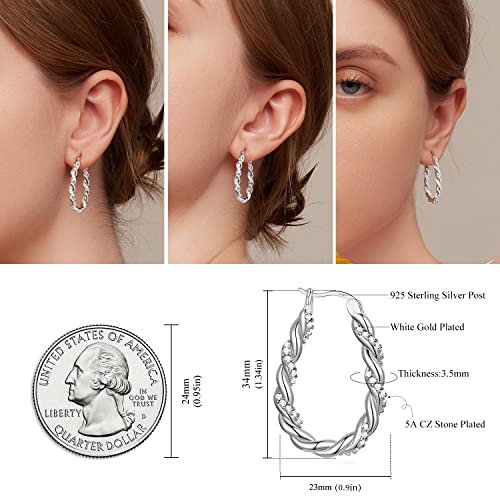 14K Gold Plated Hoop Earrings 925 Sterling Silver Post Earring for Women - color: White-White CZ